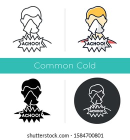Cough icon. Sick man with tissue. Sickness symptom. Sneezing. Common cold. Influenza virus. Person with allergy. Contagious disease. Flat design, linear and color styles. Isolated vector illustrations