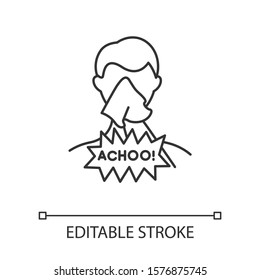 Cough linear icon. Sick man with tissue. Common cold. Flu infection. Person with allergy. Contagious disease. Thin line illustration. Contour symbol. Vector isolated outline drawing. Editable stroke