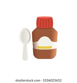 Cough medicine in brown glass bottle and spoon vector Illustration on a white background
