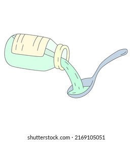 Cough medicine and spoon close-up. Cartoon vector illustration isolated on white background