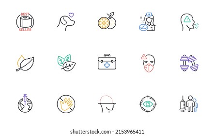 Cough, Organic tested and Do not touch line icons for website, printing. Collection of Medical mask, Dumbbells, Face scanning icons. Pets care, Pandemic vaccine, Eye target web elements. Vector