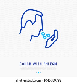 Cough with phlegm thin line icon. Modern vector illustration of illness symptom.