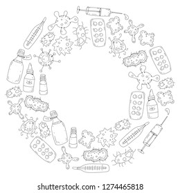 Cough, pills, influenza, flu, sickness. Vector pattern with doodle icons. Healthcare and medicine.