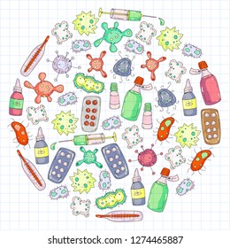 Cough, pills, influenza, flu, sickness. Vector pattern with doodle icons. Healthcare and medicine.