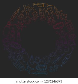 Cough, pills, influenza, flu, sickness. Vector pattern with doodle icons. Healthcare and medicine.
