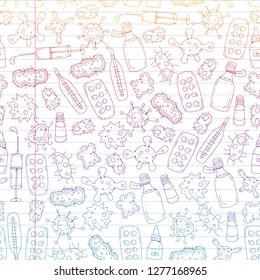 Cough, pills, influenza, flu, sickness. Vector pattern with doodle icons. Healthcare and medicine.