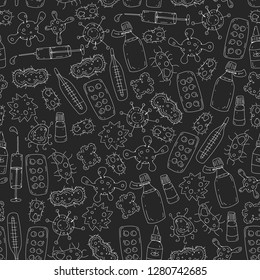 Cough, pills, influenza, flu, sickness. Vector pattern with doodle icons. Healthcare and medicine.