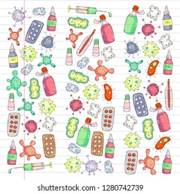 Cough, pills, influenza, flu, sickness. Vector pattern with doodle icons. Healthcare and medicine.