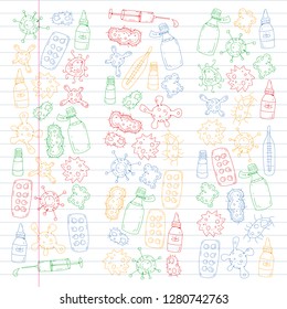 Cough, pills, influenza, flu, sickness. Vector pattern with doodle icons. Healthcare and medicine.