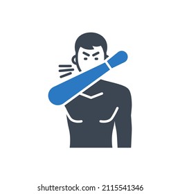 Cough related vector glyph icon. Man coughs at the bend of the elbow. Cough sign. Isolated on white background. Editable vector illustration