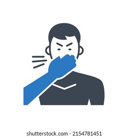 Cough related vector glyph icon. Man coughs in palm hand. Isolated on white background. Cough sign. Editable vector illustration