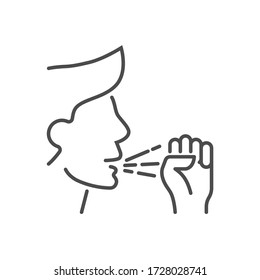 Cough related vector thin line icon. Man coughs into a fist. Isolated on white background. Editable stroke. Vector illustration.