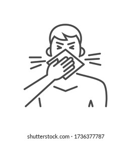 Cough related vector thin line icon. Man coughs in a napkin. Isolated on white background. Editable stroke. Vector illustration.