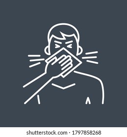 Icono de línea delgada vectorial relacionado con tos. El hombre tose en el borde del codo. Aislado sobre fondo negro. Trazo editable. Ilustración vectorial.