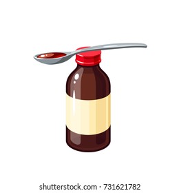 Cough remedy. Bottle of medicine syrup and one dose in spoon for treat sore throat cold flu influenza. Vector illustration cartoon flat icon isolated on white.