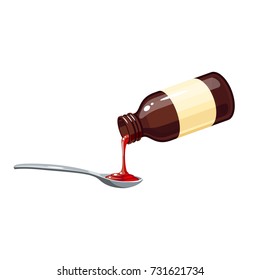 Cough Remedy. Pouring One Dose Into Spoon From Bottle Of Medicine Syrup For Treat Sore Throat Cold Flu Influenza. Vector Illustration Cartoon Flat Icon Isolated On White.