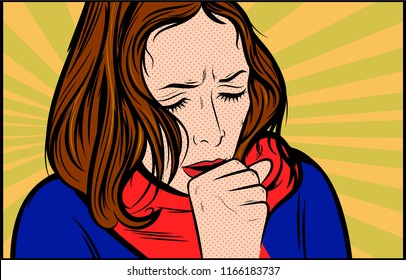 Cough, Sick Young Woman Coughing, Throat Infection, Portrait. Vector Illustration In Vintage Retro Pop Art Comic Style