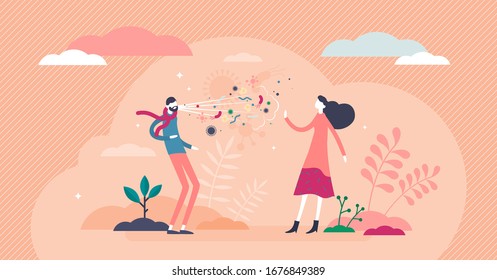 Cough and sneeze concept, flat tiny person vector illustration. Viral COVID-19 Corona virus infection spread between people. Global pandemic risk and personal hygiene alert. Throat and lungs disease.