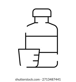 Garrafa de xarope de tosse com xícara de medição, simbolizando a medicina líquida e dosagem oral precisa para o tratamento de frio, gripe e outras doenças, ícone de cuidados de saúde minimalista para uso em farmácia