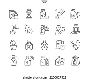 Cough Syrup Bottle. Pharmacy Products. Cough Remedy Pouring One Dose. Bottle Of Liquid Medicine With Measuring Cup. Pixel Perfect Vector Thin Line Icons. Simple Minimal Pictogram