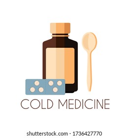 Cough syrup bottle with plastic spoon and pills. Cold medicine vector illustration.