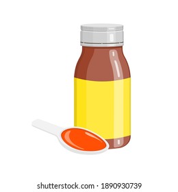 Cough syrup in bottle and spoon with poured doze isolated on white background. Liquid medicine for sore throat, cold, flu and other respiratory tract infection. Vector cartoon illuctration.