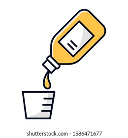 Cough syrup color icon. Common cold aid. Throat pain cure. Medication for healthcare. Influenza virus and flu infection. Grippe help. Remedy drink. Antibiotic in bottle. Isolated vector illustration