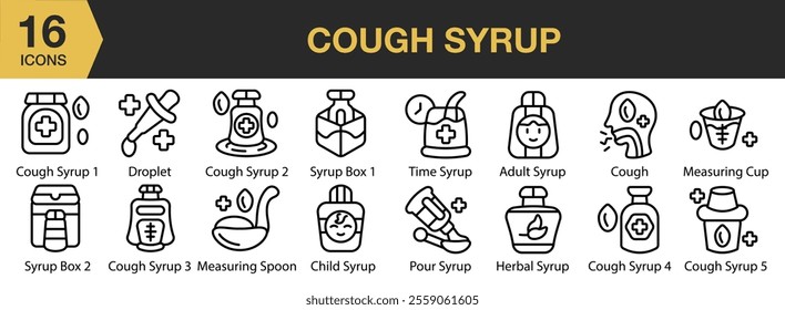 Cough Syrup icon set. Includes Cough, Health, Medicine, Mixture, Syrup, and More. Outline icons vector collection.