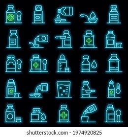 Cough syrup icons set. Outline set of cough syrup vector icons neon color on black