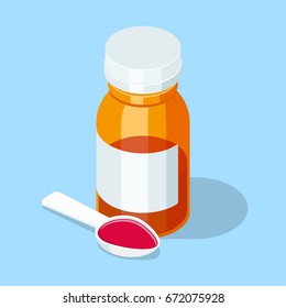 Cough syrup. Medical mixture in spoon and bottle. Isometric vector illustration