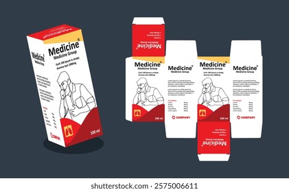 cough syrup packaging Box Brand Medicine Syrup Packaging vector illustration red and white color theme with gray background 