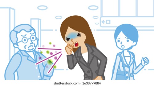 Coughing businesswoman and annoyed people - spread virus concept art