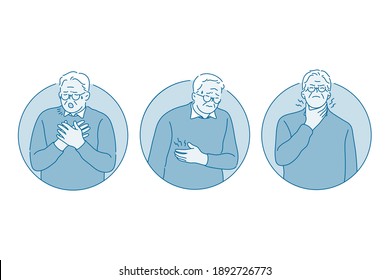 Coughing, fever, getting flu concept. Senior elderly man cartoon character coughing touching breast and feeling ill during coronavirus infection pandemic times vector illustration 