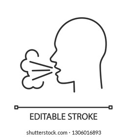 Coughing linear icon. Thin line illustration. Viral infection, influenza, flu, cold symptom. Bad breath. Sneezing. Tuberculosis, mumps. Contour symbol. Vector isolated outline drawing. Editable stroke