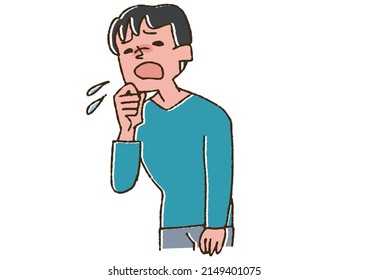 Coughing man comical handwritten person vector, color on line drawing