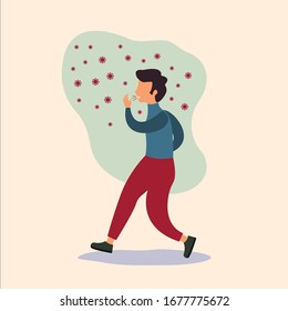 Ilustración vectorial del hombre tostado. Enfermedad, enfermedad y frío, gripe y virus, concepto de gripe