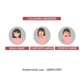 COUGHING MANNERS. Medical Recommendation How to Sneeze Properly. Prevention against Virus and Infection. Hygiene Concept. Vector illustration EPS 10. 