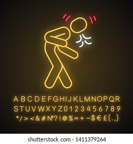 Coughing, sneezing neon light icon. Allergic asthma attack. Glowing sign with alphabet, numbers and symbols. Cold, respiratory disease, bronchitis symptom. Vector isolated illustration