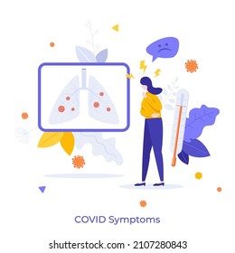 Coughing or sneezing woman, thermometer indicating high body temperature, inflammation in lungs. Concept of COVID-19 or coronavirus symptoms. Modern flat colorful vector illustration for poster banner