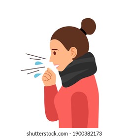 Coughing woman concept vector illustration. Sick person, Ill and cold, flu and virus, influenza in flat design. Female  sneeze and cough. Pneumonia epidemic cartoon style.