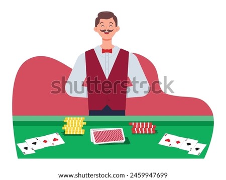 Couiper with mustache gaming worker at gambling table. Vector flat illustration. Character design