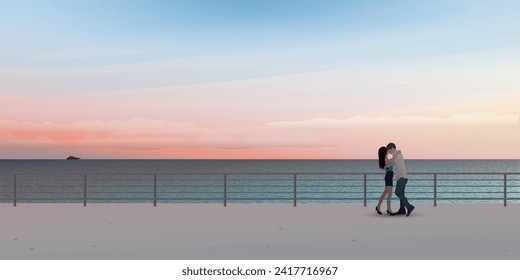 Couiple of lover kissing at seaside with vanilla sky background vector illustration. Sweetheart's honeymoon concept have blank space.