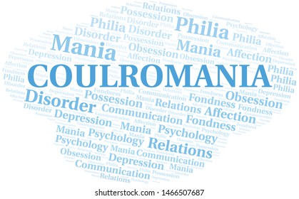 Coulromania word cloud. Type of mania, made with text only.