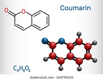 Coumarin, C9H6O2 molecule. It has sweet odor, recognised as scent of newly-mown hay. Coumarinic compounds are a class of lactones.  Skeletal chemical formula. Illustration
