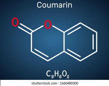 Coumarin, C9H6O2 molecule. It has sweet odor, recognised as scent of newly-mown hay. Coumarinic compounds are a class of lactones.  Dark blue background. Vector illustration