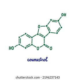 Coumestrol Hand Drawn Vector Formula Chemical Structure Lettering Blue Green Organic Compound