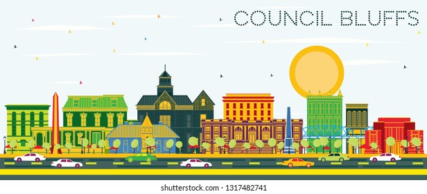 Council Bluffs Iowa Skyline with Color Buildings and Blue Sky. Vector Illustration. Business Travel and Tourism Illustration with Historic Architecture.