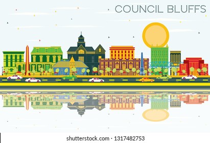 Council Bluffs Iowa Skyline with Color Buildings, Blue Sky and Reflections. Vector Illustration. Business Travel and Tourism Illustration with Historic Architecture.