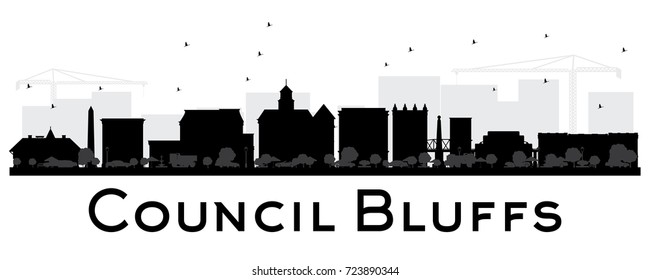 Council Bluffs skyline black and white silhouette. Vector illustration. Simple flat concept for tourism presentation, banner, placard or web site. Cityscape with landmarks.