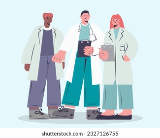 Council of doctors in hospital. Group of different doctors holding clipboard and talking together. Telemedicine and healthcare concept. Flat vector illustration in blue colors